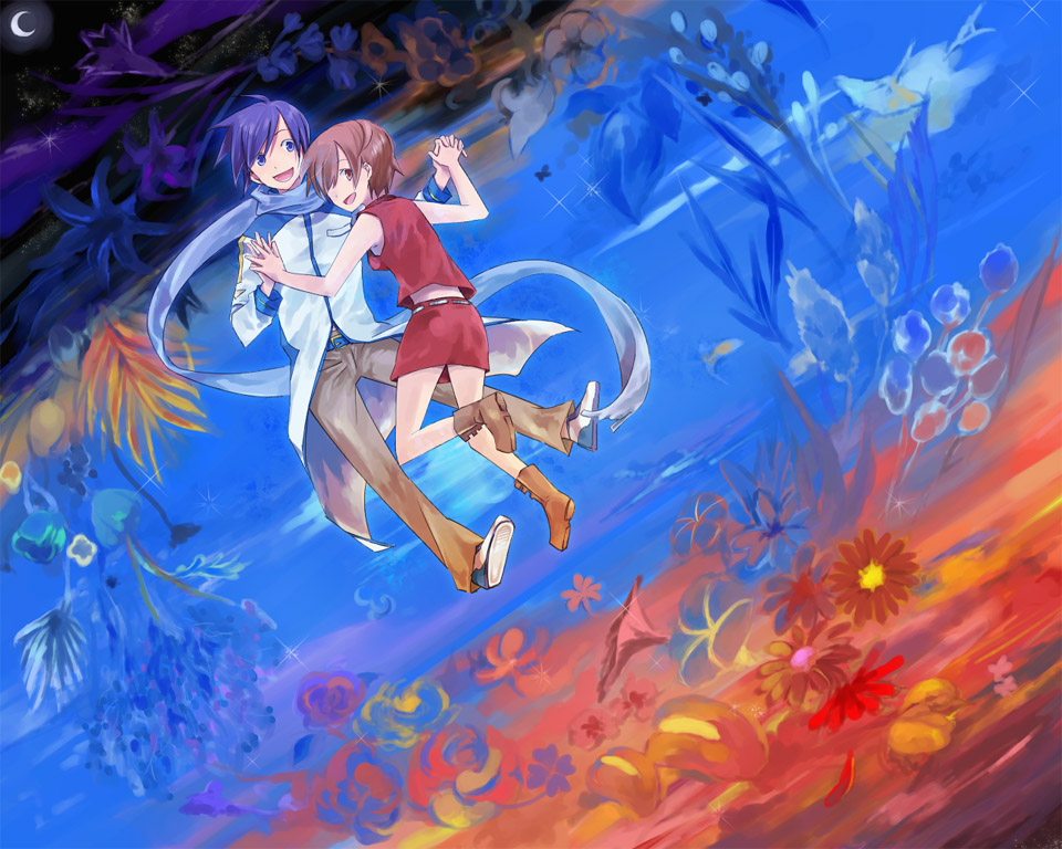 1boy, 1girl, blue_hair, blue_scarf, brown_hair, flower, happy, hetero