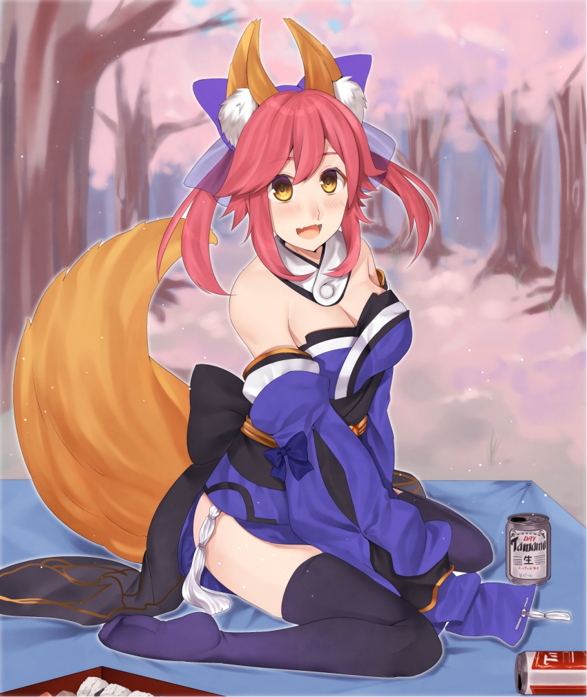 10s, 1girl, alcohol, animal_ears, beer, beer_can, blue_thighhighs, blush