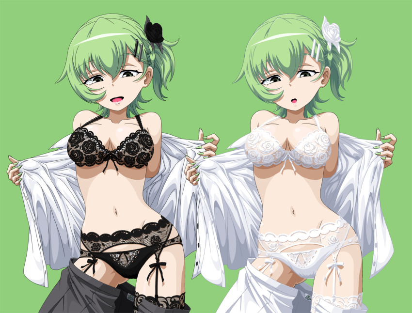 10s, 2girls, aoki_hagane_no_arpeggio, bad_id, bad_pixiv_id, bra, breasts, cleavage, dress_shirt, dual_persona, garter_belt, garter_straps, green_eyes, green_hair, kamo_3, looking_at_viewer, multiple_girls, nachi_(aoki_hagane_no_arpeggio), navel, one_side_up, open_clothes, open_mouth, panties, shirt, short_hair, side_ponytail, smile, underwear, undressing