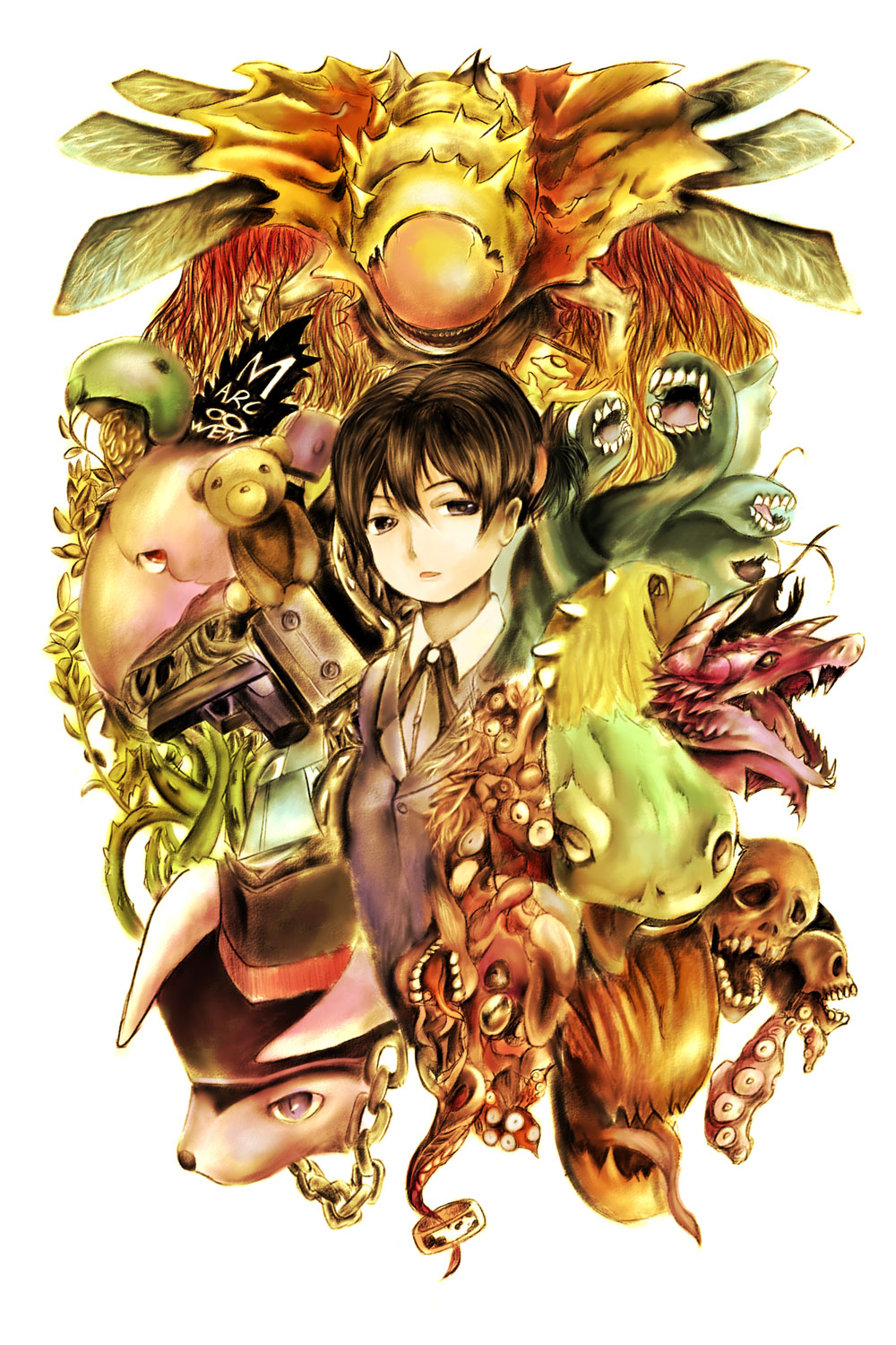 00s, 1girl, aikura_chihiro, bad_id, bad_pixiv_id, bear, chain, female_focus, gun, hat, highres, ibara_no_ou, monster, rabbit, shizuku_ishiki, solo, top_hat, weapon