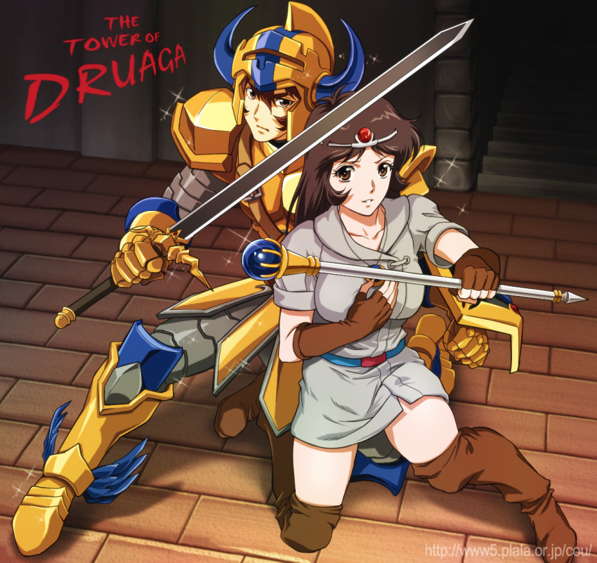 1boy, 1girl, armor, babylonian_castle_saga, bandai_namco, baton, boots, brown_eyes, brown_hair, circlet, dress, druaga_no_tou, gilgamesh_(druaga), gloves, ki_(druaga), namco, nolia, sword, weapon