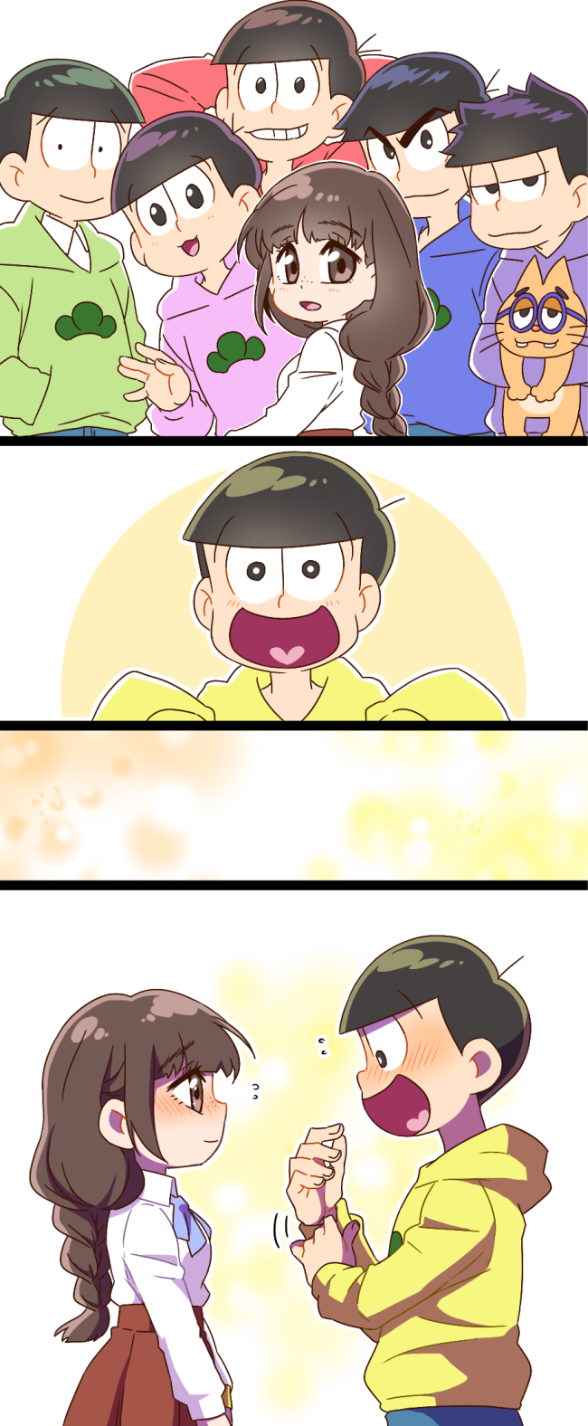 10s, 1girl, 6+boys, :3, :d, adjusting_clothes, ahoge, animal