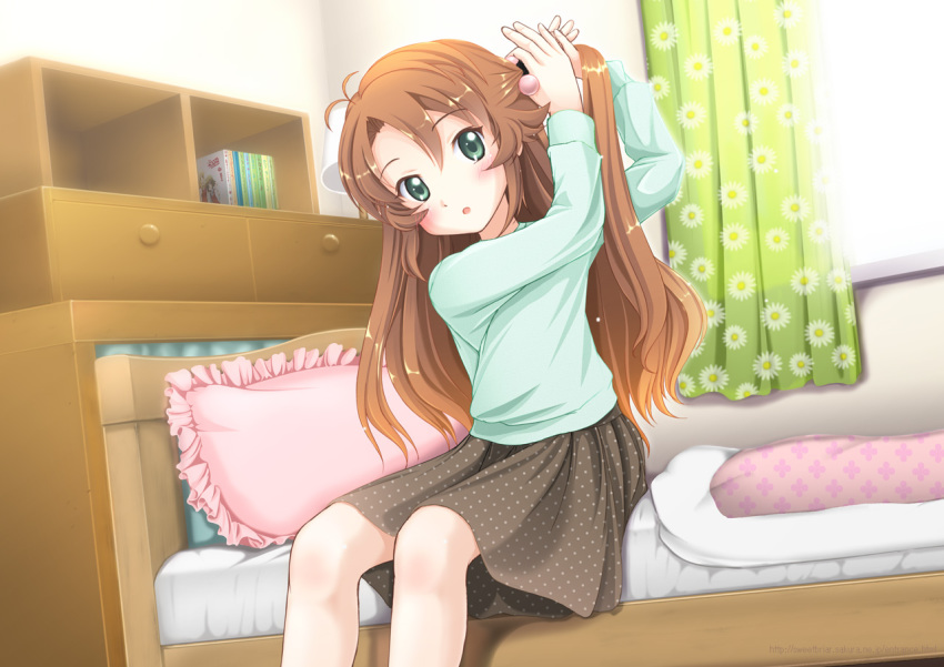 1girl, adjusting_hair, antenna_hair, bed, bedroom, blush, brown_hair, curtains, drawer, dutch_angle, female_focus, floral_print, frilled_pillow, frills, green_eyes, hair_between_eyes, hair_bobbles, hair_ornament, hidamari_sketch, indoors, kahis_(sweetbriar), koshigaya_komari, lamp, long_hair, long_sleeves, looking_at_viewer, manga_(object), miyako_(hidamari_sketch), non_non_biyori, on_bed, open_mouth, pillow, polka_dot, polka_dot_skirt, sitting, skirt, solo, tying_hair, window, yamabuki_high_school_uniform, yuno_(hidamari_sketch)