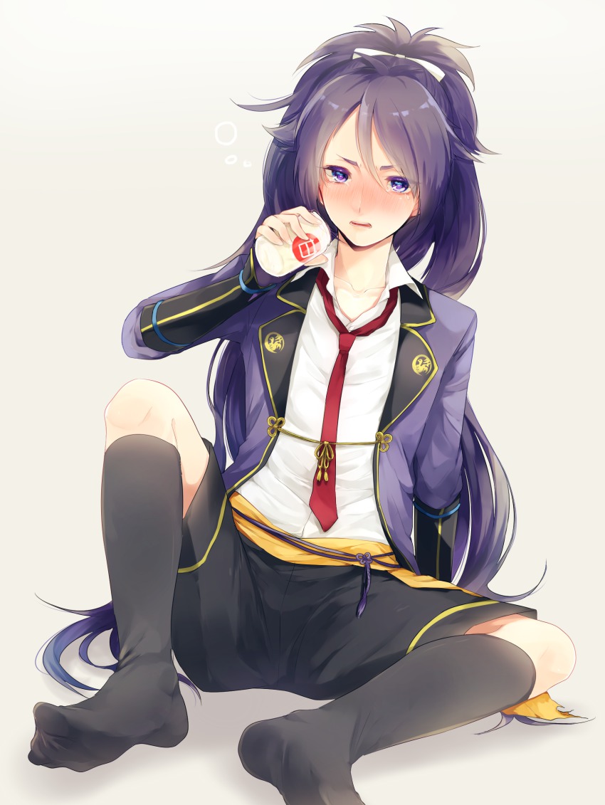 10s, 1boy, bad_id, bad_pixiv_id, black_socks, blush, bottle, bow