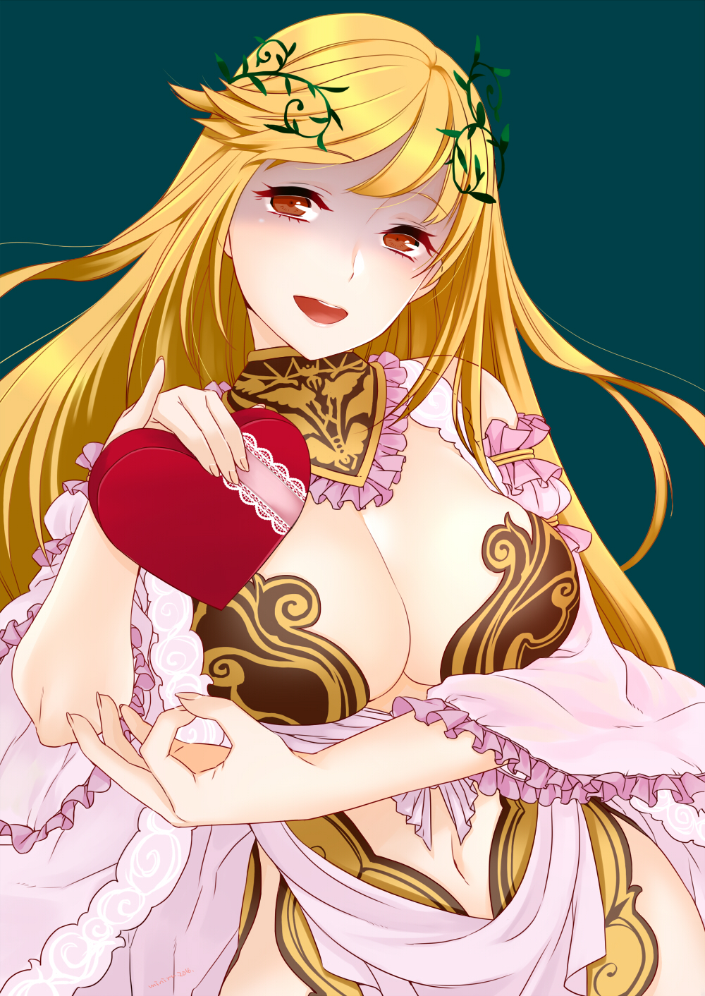 1girl, :d, aigis_(sennen_sensou_aigis), bad_id, bad_pixiv_id, bare_shoulders, blonde_hair, breasts, brown_eyes, cleavage, collar, detached_collar, female_focus, gift, green_background, heart, highres, large_breasts, laurel_crown, long_hair, looking_at_viewer, miniru, navel, open_mouth, red_eyes, revealing_clothes, sennen_sensou_aigis, shaded_face, simple_background, smile, solo