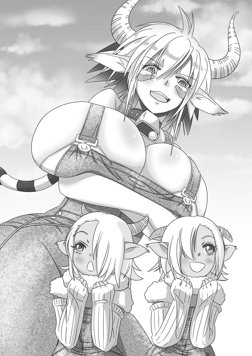 10s, 3girls, age_difference, animal_ears, arms_under_breasts, bell, neck_bell, breasts, bursting_breasts, cathyl, collar, cott, cow_ears, cow_girl, cow_horns, cowbell, detached_sleeves, gigantic_breasts, goat_ears, goat_girl, goat_horns, greyscale, hair_over_one_eye, height_difference, highres, horns, minotaur, monochrome, monster_girl, monster_musume_no_iru_nichijou, multiple_girls, no_bra, open_mouth, overalls, siblings, sisters, size_difference, tawn, trf_honeycomb, twins