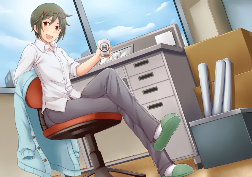 10s, 1boy, brown_hair, chair, cup, desk, eyewear_on_head, full_body, highres, idolmaster, idolmaster_side-m, crossed_legs, male_focus, office, open_mouth, osusi_anago, shirt, sitting, slippers, smile, solo, vest, window, yamamura_ken
