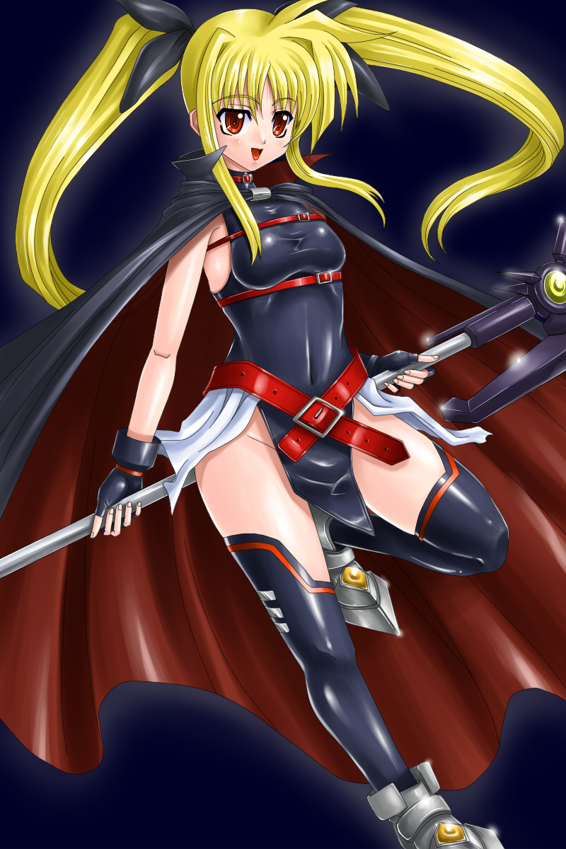 00s, 1girl, axe, bardiche_(assault_form)_(nanoha), bardiche_(nanoha), blonde_hair, fate_testarossa, fate_testarossa_(lightning_form)