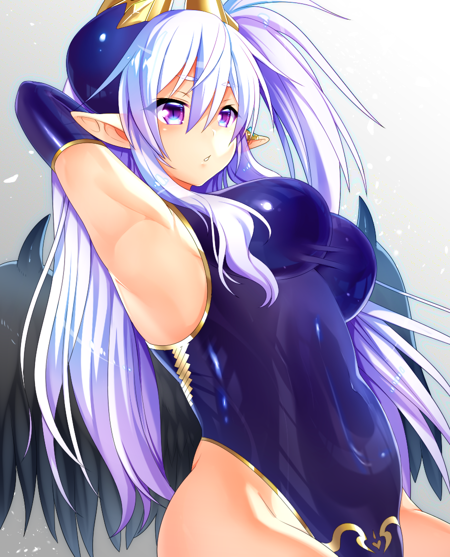 1girl, armpits, arms_up, breasts, chestnut_mouth, demon_horns, detached_sleeves, elbow_gloves