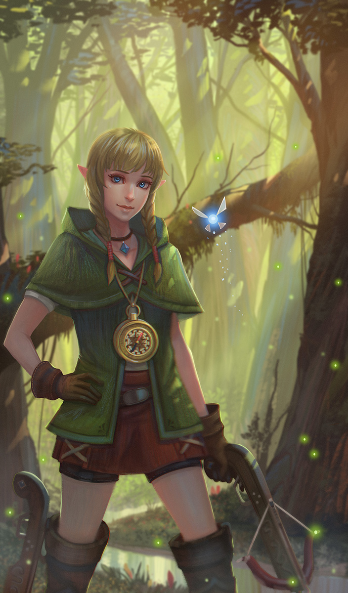 1girl, blonde_hair, blue_eyes, boots, bow_(weapon), braid, compass, crossbow, fairy, fireflies, forest, highres, hood, hyrule_warriors, jewelry, linkle, looking_at_viewer, nature, navi, necklace, nintendo, pointy_ears, shorts, shorts_under_skirt, the_legend_of_zelda, thigh_boots, thighhighs, tree, twin_braids, weapon, yagaminoue