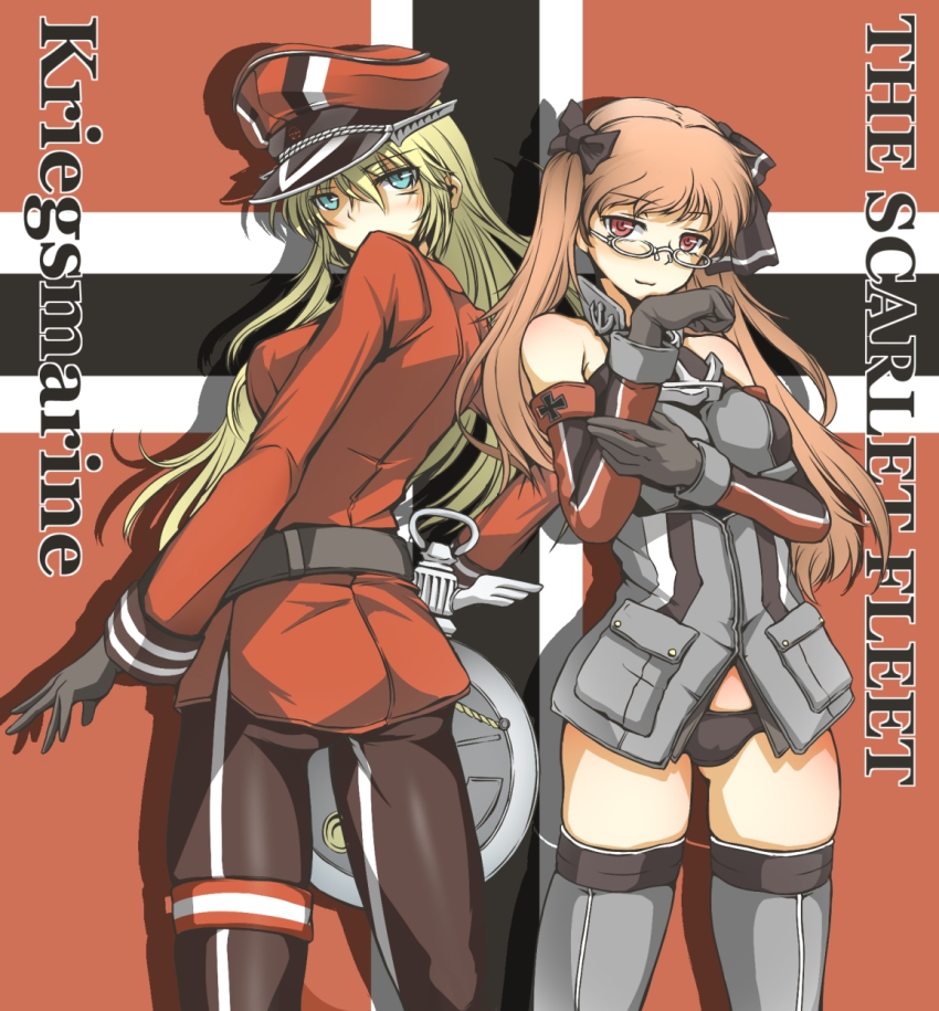 2girls, aoki_hagane_no_arpeggio, ass, bismarck_(aoki_hagane_no_arpeggio), bismarck_(kancolle), blonde_hair, blue_eyes, brown_hair, cosplay, costume_switch, crossover, elbow_gloves, german_text, gloves, grey_legwear, hat, highres, kantai_collection, long_hair, military, military_hat, military_uniform, multiple_girls, name_connection, okutama_tarou, panties, pocket_watch, red_eyes, standing, thighhighs, twintails, underwear, watch