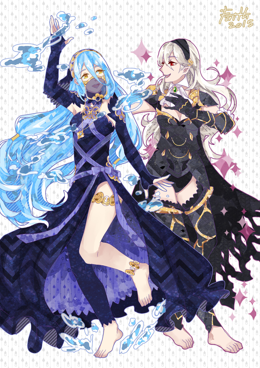 2girls, alternate_costume, anklet, armor, azura_(fire_emblem), barefoot, black_armor, blue_hair, breasts, cape, cleavage, female_corrin_(fire_emblem), female_corrin_(nohr_noble)_(fire_emblem), dancing, dress, faithoala, feet, fire_emblem, fire_emblem_fates, full_body, groin, hairband, hat, highres, jewelry, leotard, medium_breasts, multiple_girls, nintendo, official_alternate_costume, red_eyes, revealing_clothes, thighhighs, thighlet, thighs, toes, torn_cape, torn_clothes, veil, water, white_hair
