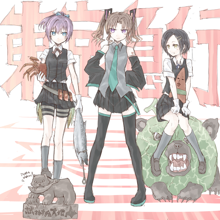 3girls, ahoge, alternate_costume, bare_shoulders, bear, belt, bike_shorts, black_footwear