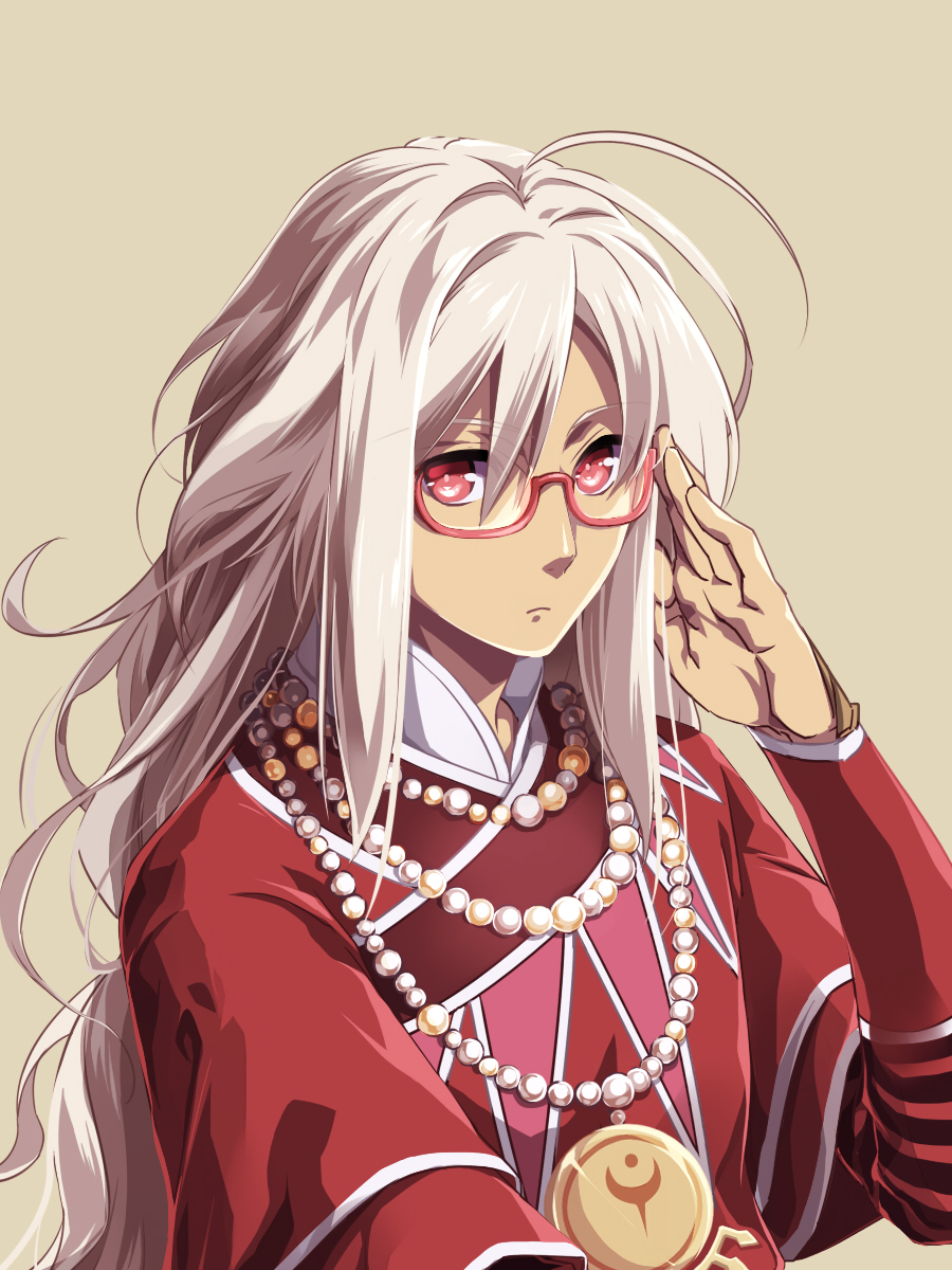 1boy, ahoge, bead_necklace, beads, frown, glasses, highres, jewelry, kanikame, long_hair, male_focus, necklace, pendant, red_eyes, rouge_(saga_frontier), saga, saga_frontier, solo, upper_body, white_hair