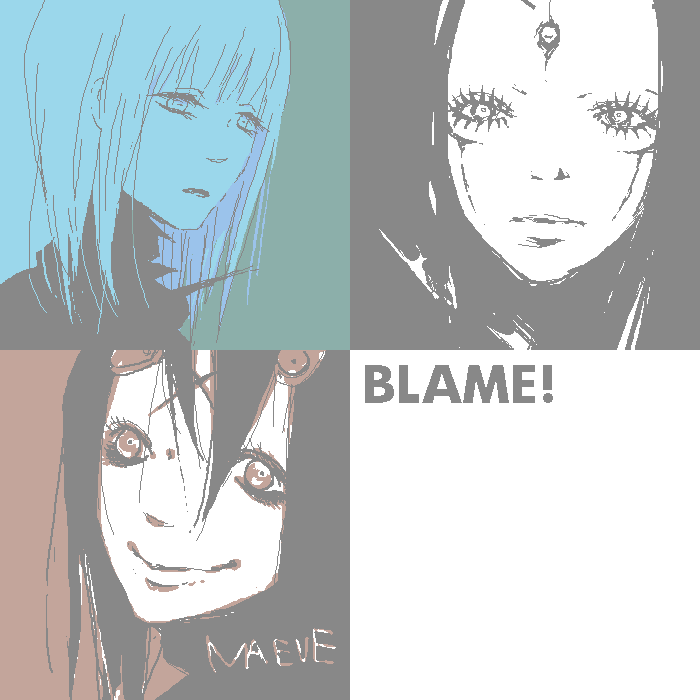 3girls, blame!, blue_theme, character_name, cibo, closed_mouth, copyright_name, english_text
