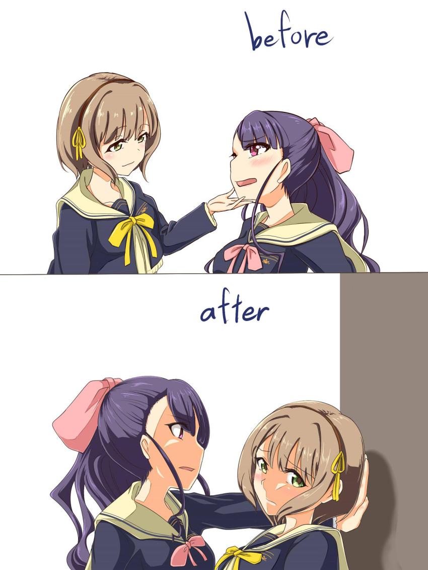 2girls, before_and_after, blush, brown_hair, comic, couple, english_text, eye_contact