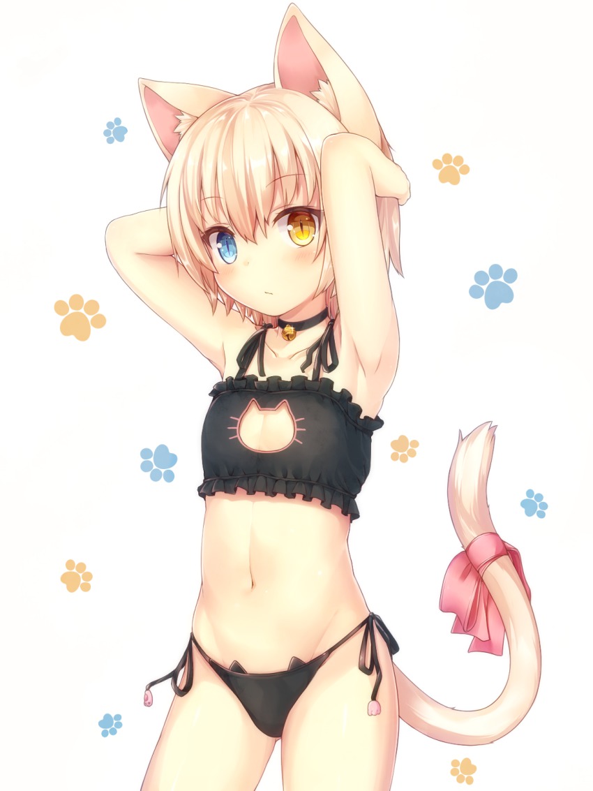 1boy, animal_ears, armpits, bell, blonde_hair, blue_eyes, blush, bra, cat_boy, cat_cutout, cat_ear_panties, cat_ears, cat_lingerie, cat_tail, cleavage_cutout, clothing_cutout, flat_chest, heterochromia, highres, jingle_bell, kida_kuro_mu, looking_at_viewer, male_focus, navel, original, panties, shiro_(kida_kuro_mu), short_hair, side-tie_panties, slit_pupils, solo, tail, trap, underwear, underwear_only, white_background, yellow_eyes
