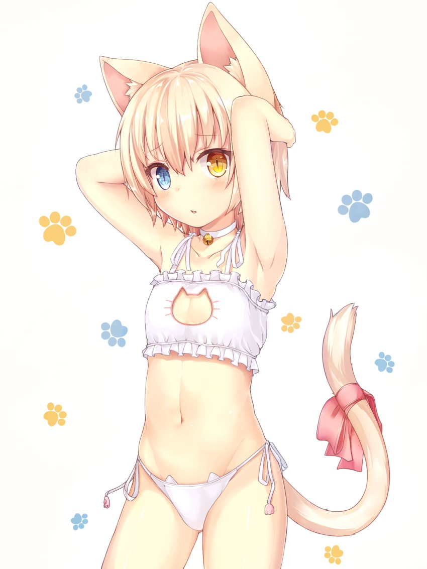 1boy, animal_ears, armpits, bell, blonde_hair, blue_eyes, bra, breasts, cat_boy, cat_cutout, cat_ear_panties, cat_ears, cat_lingerie, cat_tail, cleavage, cleavage_cutout, clothing_cutout, heterochromia, highres, jingle_bell, kida_kuro_mu, male_focus, navel, original, panties, shiro_(kida_kuro_mu), short_hair, side-tie_panties, slit_pupils, small_breasts, solo, tail, trap, underwear, underwear_only, white_background, yellow_eyes