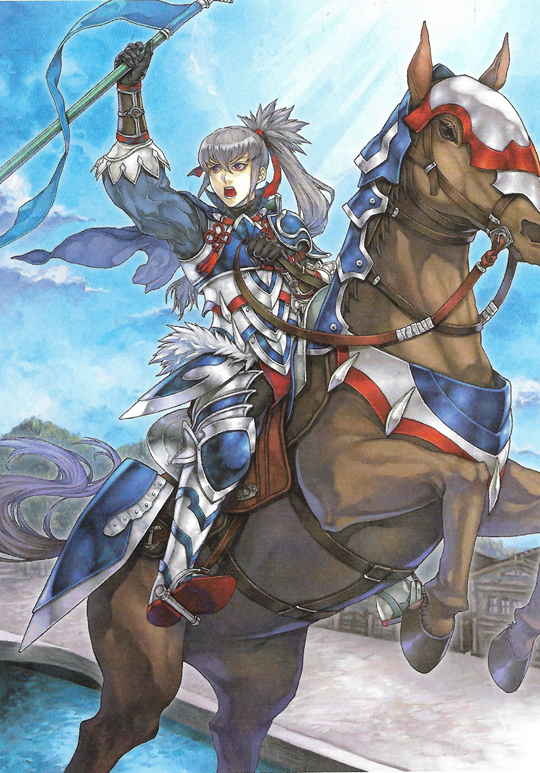 1boy, alternate_costume, armor, armored_boots, boots, fire_emblem, fire_emblem_cipher, fire_emblem_fates, grey_hair, horse, lance, long_hair, male_focus, nintendo, official_art, open_mouth, orange_eyes, polearm, ponytail, shiki_karuta, sky, solo, takumi_(fire_emblem), weapon