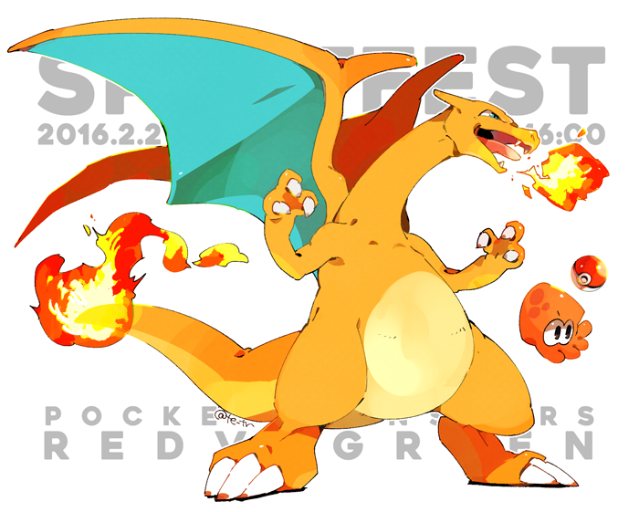 announcement_celebration, charizard, copyright_name, fire, flame-tipped_tail, gen_1_pokemon, inkling, inkling_(swim_form)