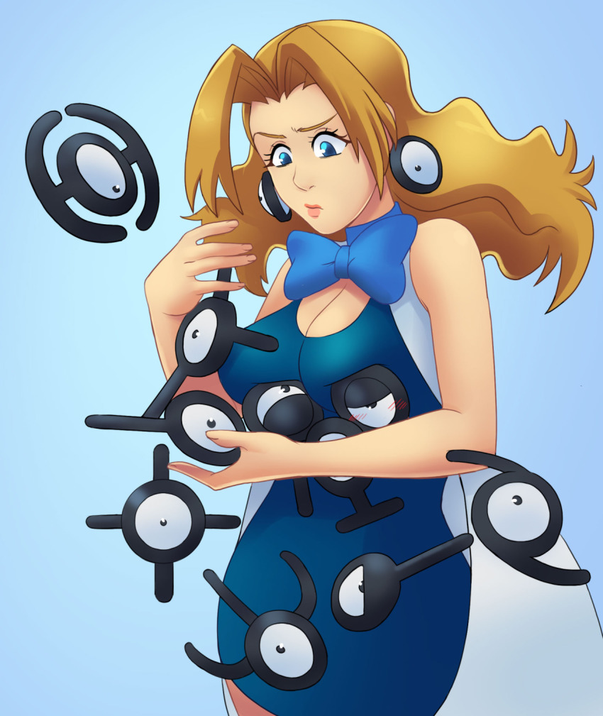 1girl, blonde_hair, blue_background, blue_dress, blue_eyes, blush, bow, bowtie