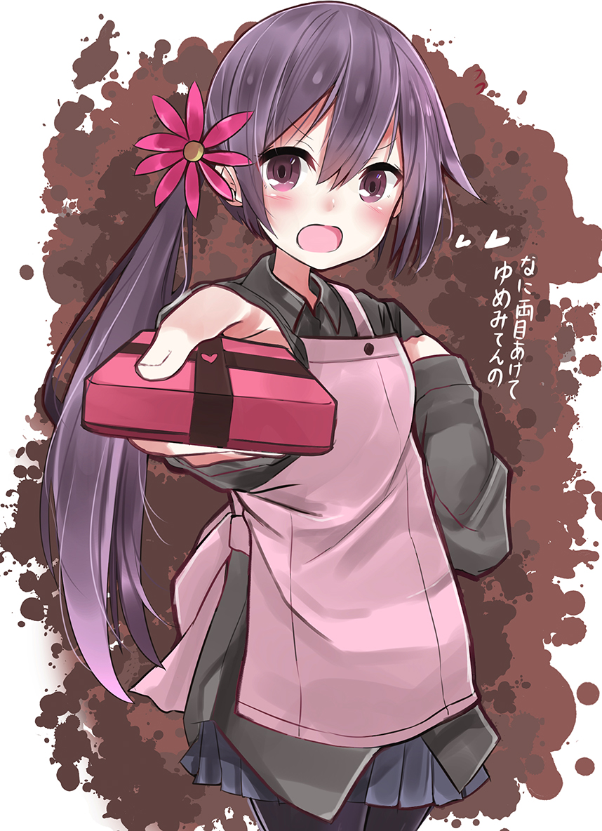 10s, 1girl, akebono_(kancolle), akebono_(valentine)_(kancolle), alternate_costume, apron, blush, female_focus