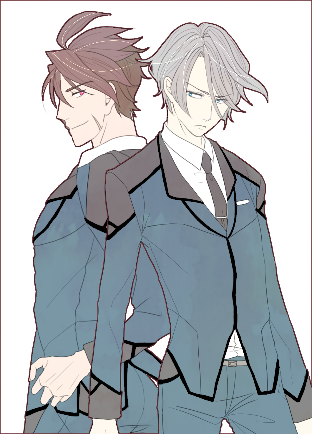 2boys, active_raid, ahoge, belt, blue_eyes, brown_hair, formal_clothes, grey_hair