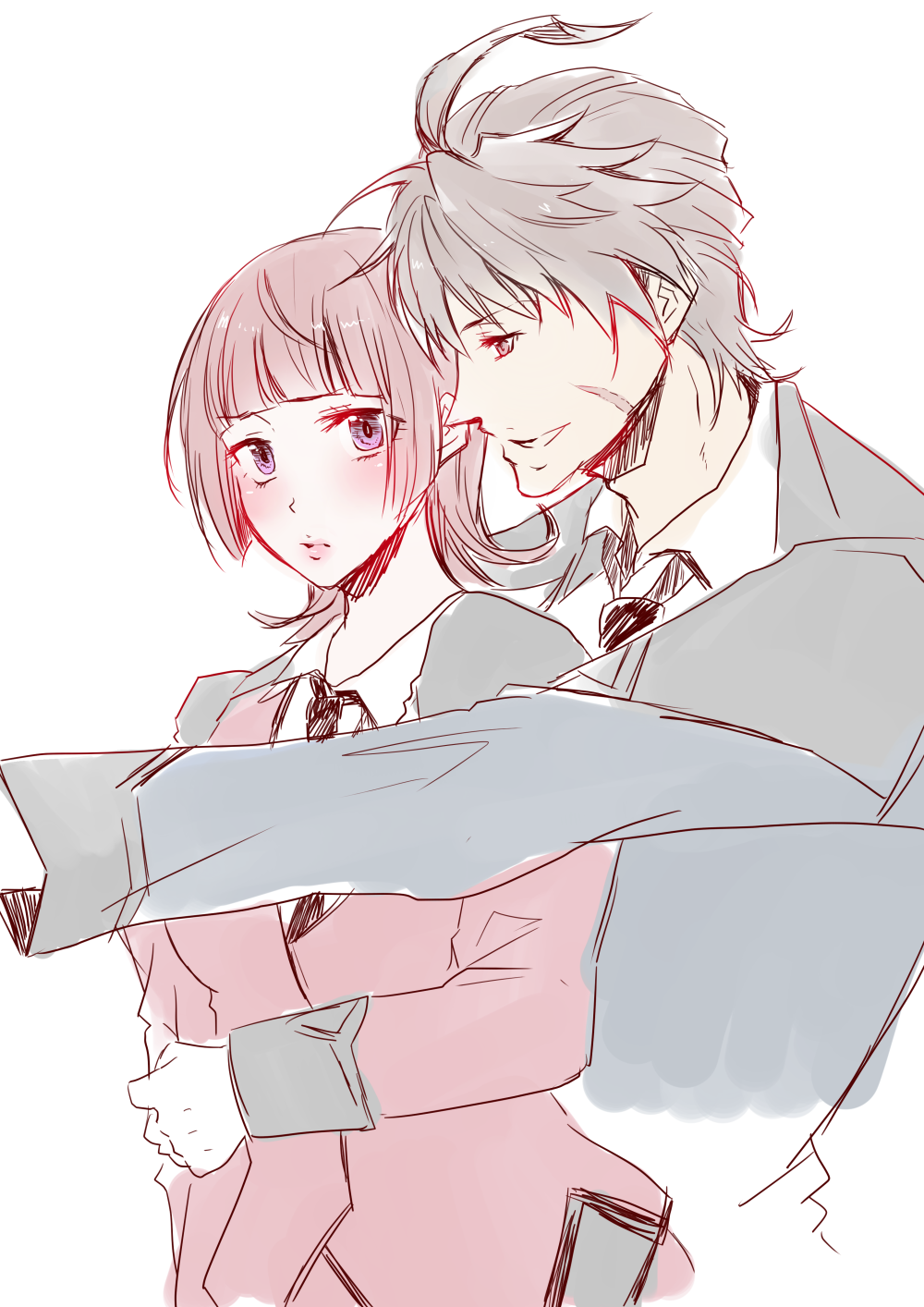 1boy, 1girl, active_raid, ahoge, black_hair, blush, breasts, brown_hair