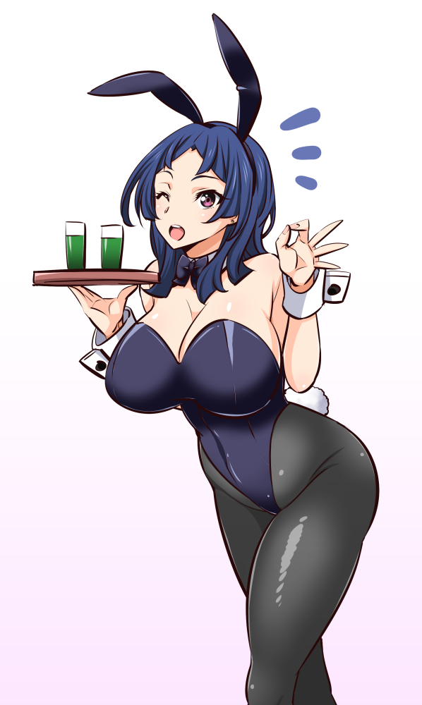 1girl, active_raid, animal_ears, bare_shoulders, blue_hair, bow, bowtie, breasts