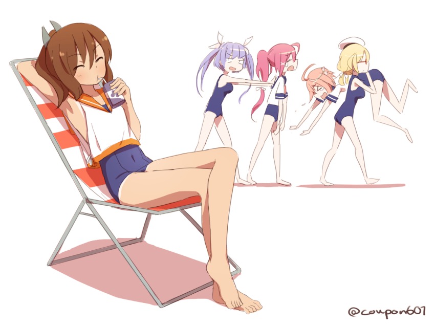 10s, 5girls, armpits, bad_id, bad_pixiv_id, barefoot, blonde_hair, brown_hair