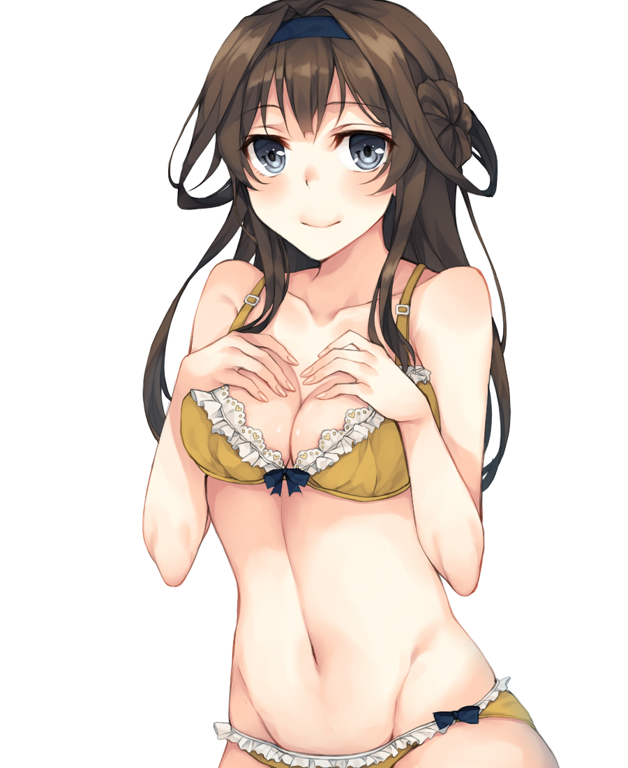 10s, 1girl, blue_eyes, bra, breasts, brown_hair, female_focus, frilled_bra