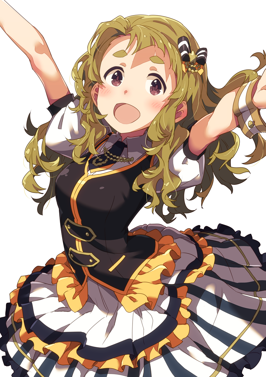 10s, 1girl, :d, arms_up, bad_id, bad_pixiv_id, black_vest, blush