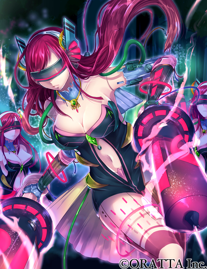 3girls, android, breasts, cleavage, clothing_cutout, headgear, jewelry, large_breasts