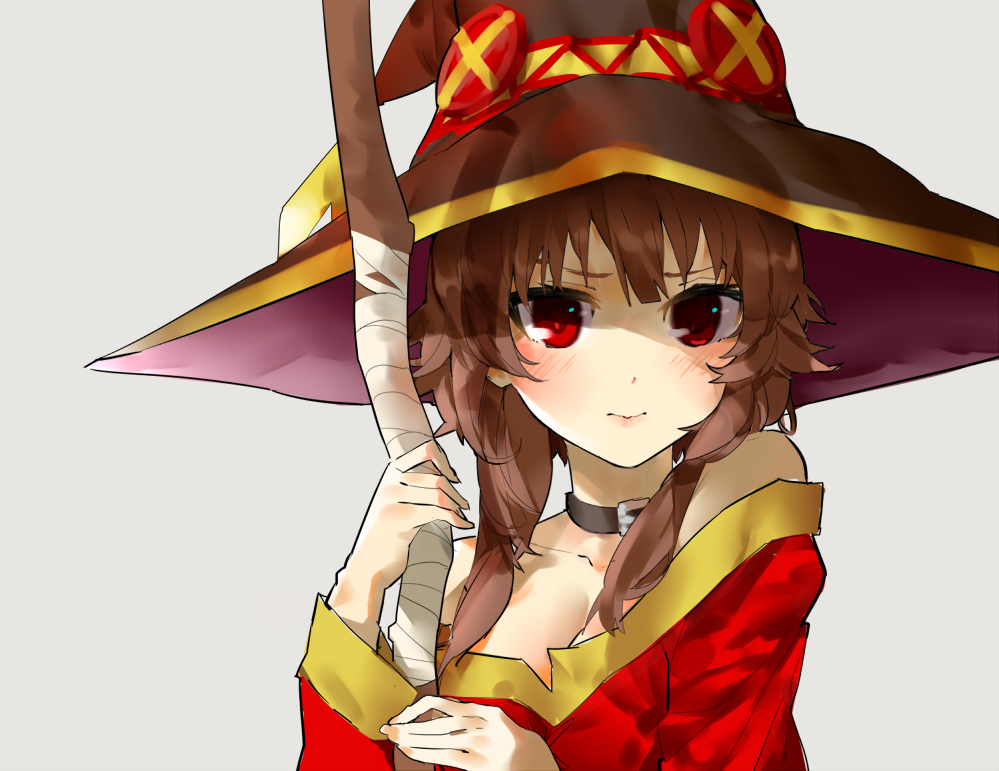 10s, 1girl, 3:, bare_shoulders, blush, brown_hair, cirnocchi, collar, female_focus, hat, kono_subarashii_sekai_ni_shukufuku_wo!, long_hair, looking_at_viewer, megumin, red_eyes, solo, staff, upper_body, witch_hat