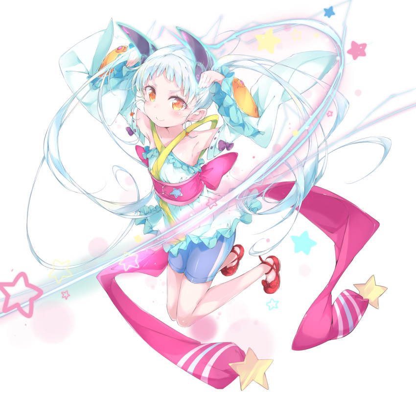 1girl, animal_ears, armpits, blue_hair, detached_sleeves, female_focus, hamidashi_yousei_familia_seisenki, highres