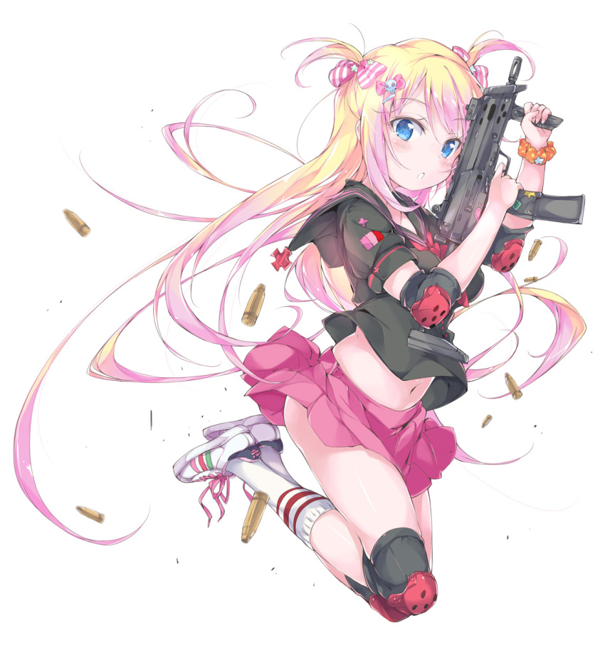 1girl, ammunition, armor-piercing_ammunition, blonde_hair, blue_eyes, bullet, clothes_lift, elbow_pads