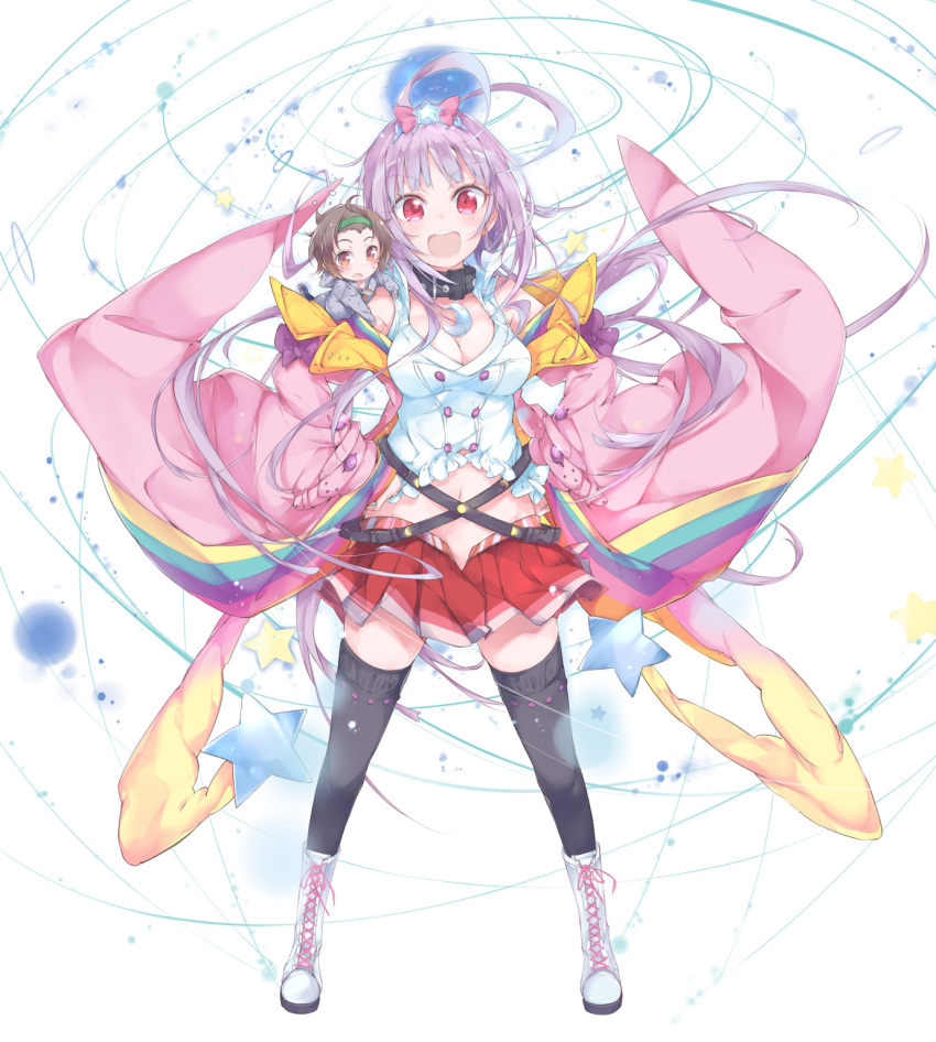 1boy, 1girl, :d, black_thighhighs, boots, breasts, cleavage, collar