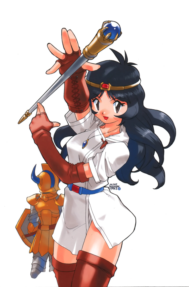 1boy, 1girl, armor, babylonian_castle_saga, bandai_namco, belt, blue_hair, brown_eyes