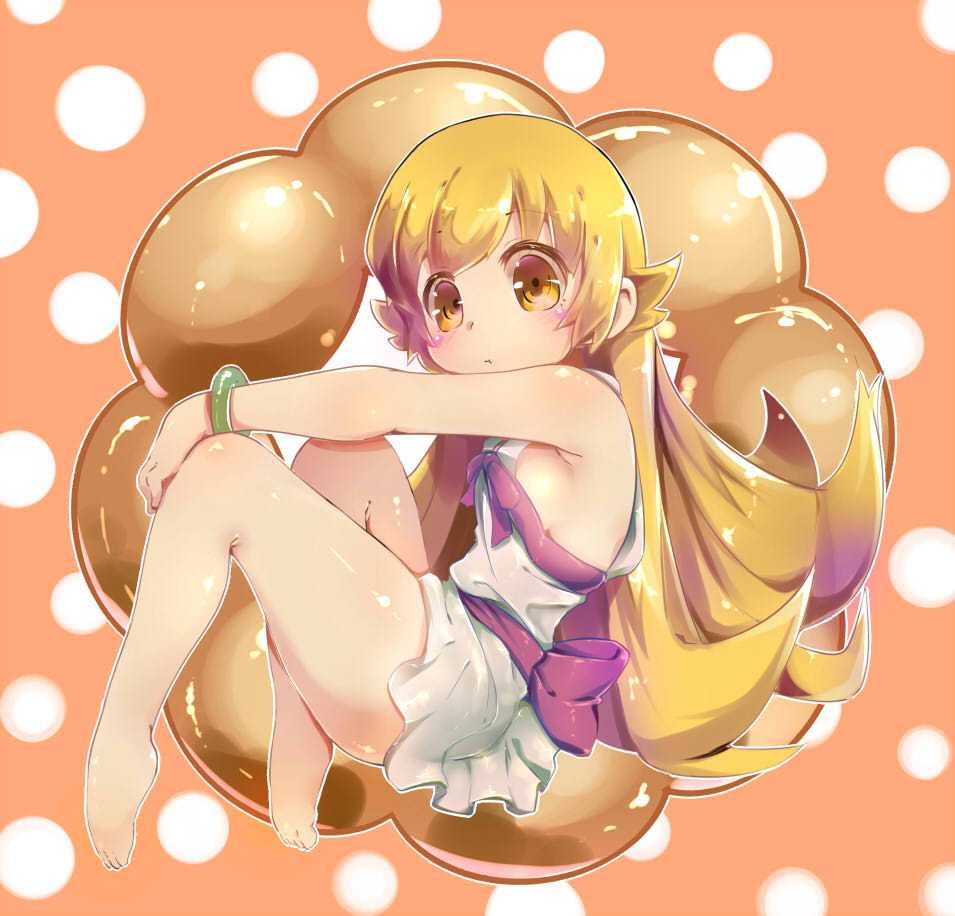 1girl, :t, bakemonogatari, barefoot, blonde_hair, blush_stickers, bracelet, donut