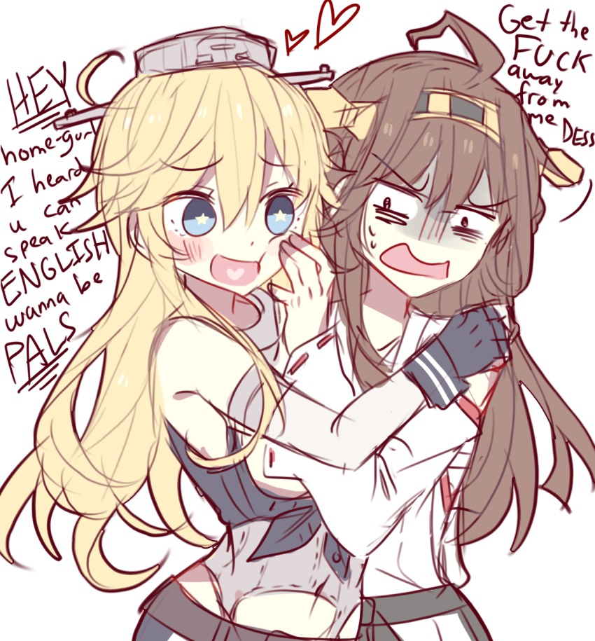 10s, 2girls, :d, ahoge, bad_anatomy, bags_under_eyes, bare_shoulders, blonde_hair, blue_eyes, blush, brown_hair, disgust, embarrassed, english_text, female_focus, fingerless_gloves, gloves, heart, heart_in_mouth, highres, hug, iowa_(kancolle), japanese_clothes, kantai_collection, kongou_(kancolle), kvlen, long_hair, looking_at_another, multiple_girls, open_mouth, profanity, pushing_away, shaded_face, shy, smile, star-shaped_pupils, star_(symbol), sweat, symbol-shaped_pupils, talking, wavy_mouth, yuri
