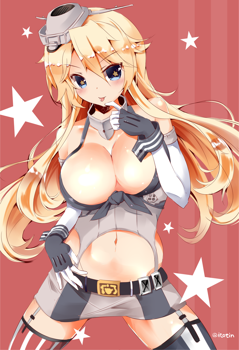 10s, 1girl, :p, arm_at_side, asymmetrical_legwear, bare_shoulders, belt, belt_pouch, black_gloves, black_shirt, blonde_hair, blue_eyes, blue_thighhighs, breasts, buckle, buttons, cleavage, collarbone, corset, cowboy_shot, crop_top, elbow_gloves, female_focus, finger_to_mouth, front-tie_top, garter_straps, gloves, grey_hat, hair_between_eyes, hand_on_own_hip, hat, head_tilt, headgear, iowa_(kancolle), jewelry, kantai_collection, large_breasts, long_hair, looking_at_viewer, miniskirt, mismatched_legwear, navel, neck_ring, open_clothes, open_shirt, pouch, red_background, red_thighhighs, rigging, shiny_skin, shirt, simple_background, skindentation, skirt, smile, solo, spread_legs, star-shaped_pupils, star_(symbol), striped_clothes, striped_thighhighs, symbol-shaped_pupils, thighhighs, tongue, tongue_out, unbuttoned, underbust, vertical-striped_clothes, vertical-striped_thighhighs, very_long_hair, white_gloves, white_thighhighs, wrist_cuffs, yamaguchi_shinnosuke, zettai_ryouiki