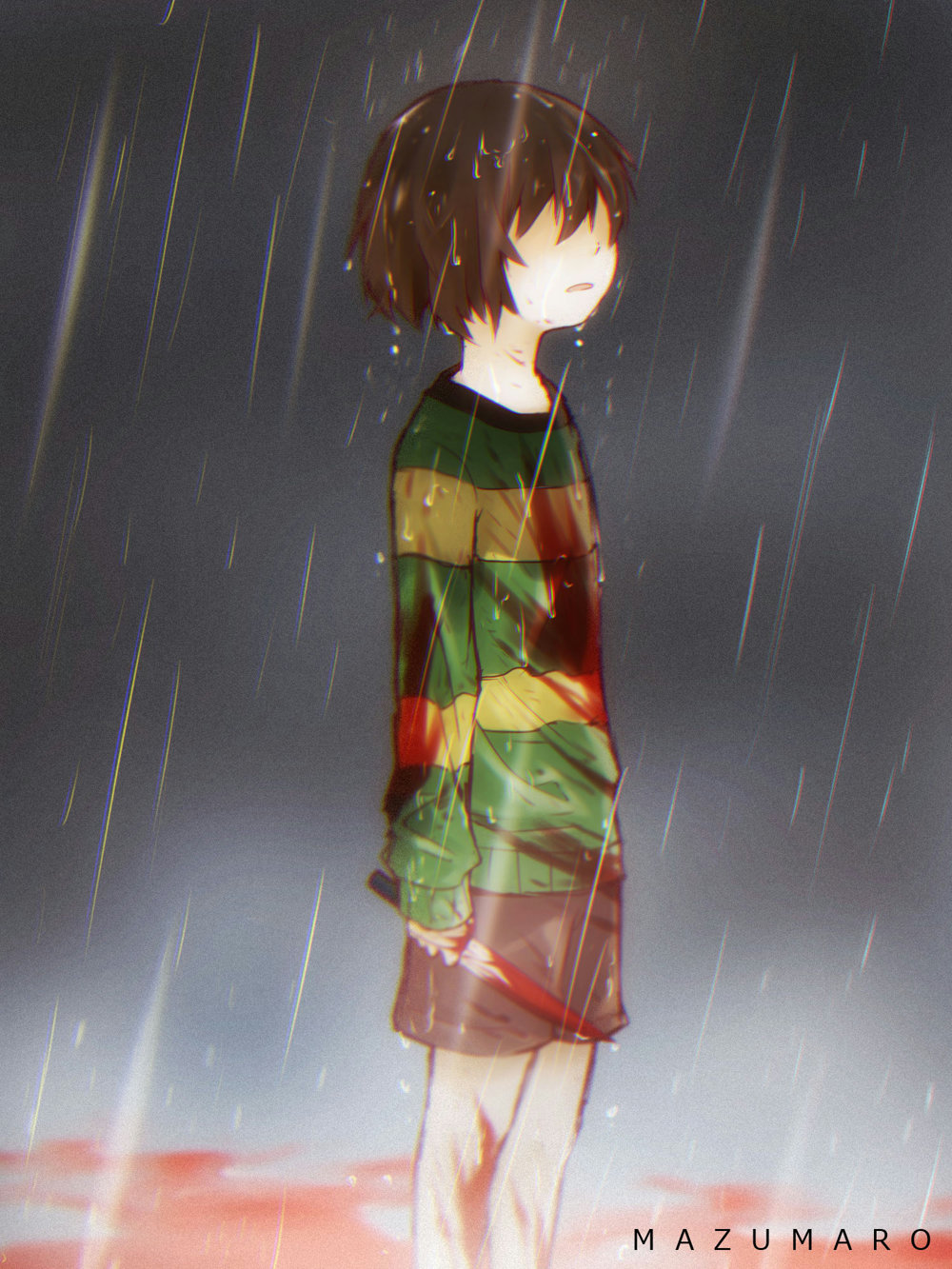 androgynous, artist_name, blood, blood_on_clothes, bloody_knife, bloody_weapon, brown_hair, chara_(undertale), dagger, gender_request, hidden_eyes, highres, knife, mazumaro, open_mouth, rain, shaded_face, shorts, solo, spoilers, standing, standing_in_rain, striped_clothes, striped_sweater, sweater, undertale, utdr_(toby_fox), weapon
