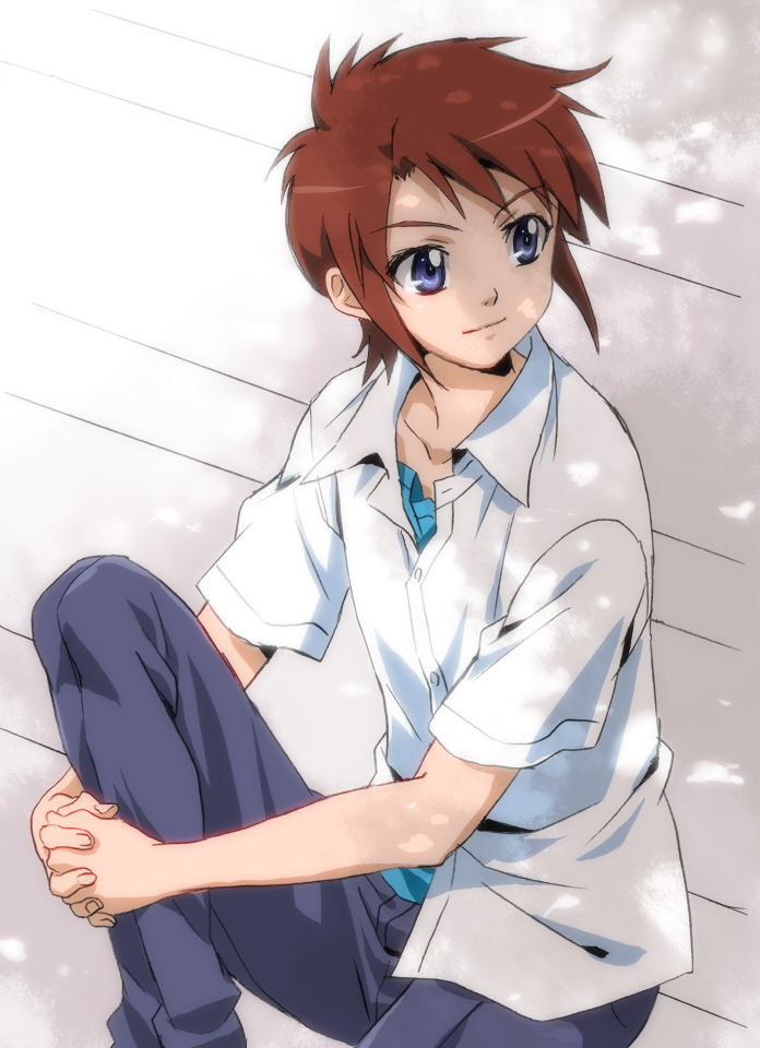 00s, 1boy, androgynous, blue_eyes, blue_pants, brown_hair, interlocked_fingers, leg_hold