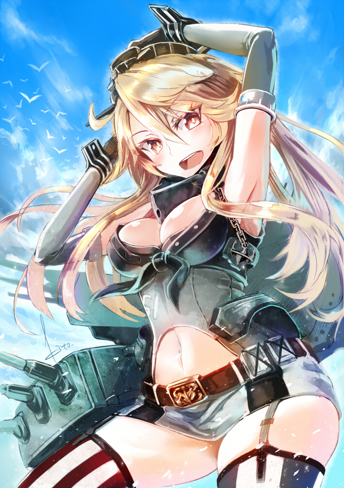 16-inch/50-caliber_mark_7_gun, 1girl, armpits, arms_up, artillery, blonde_hair, breasts, brown_eyes