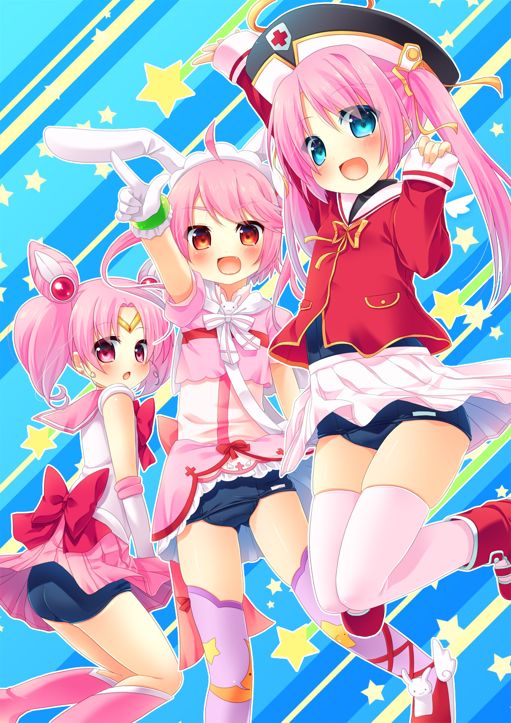 10s, 3girls, animal_ears, arm_up, artistic_error, ass, bag, bishoujo_senshi_sailor_moon