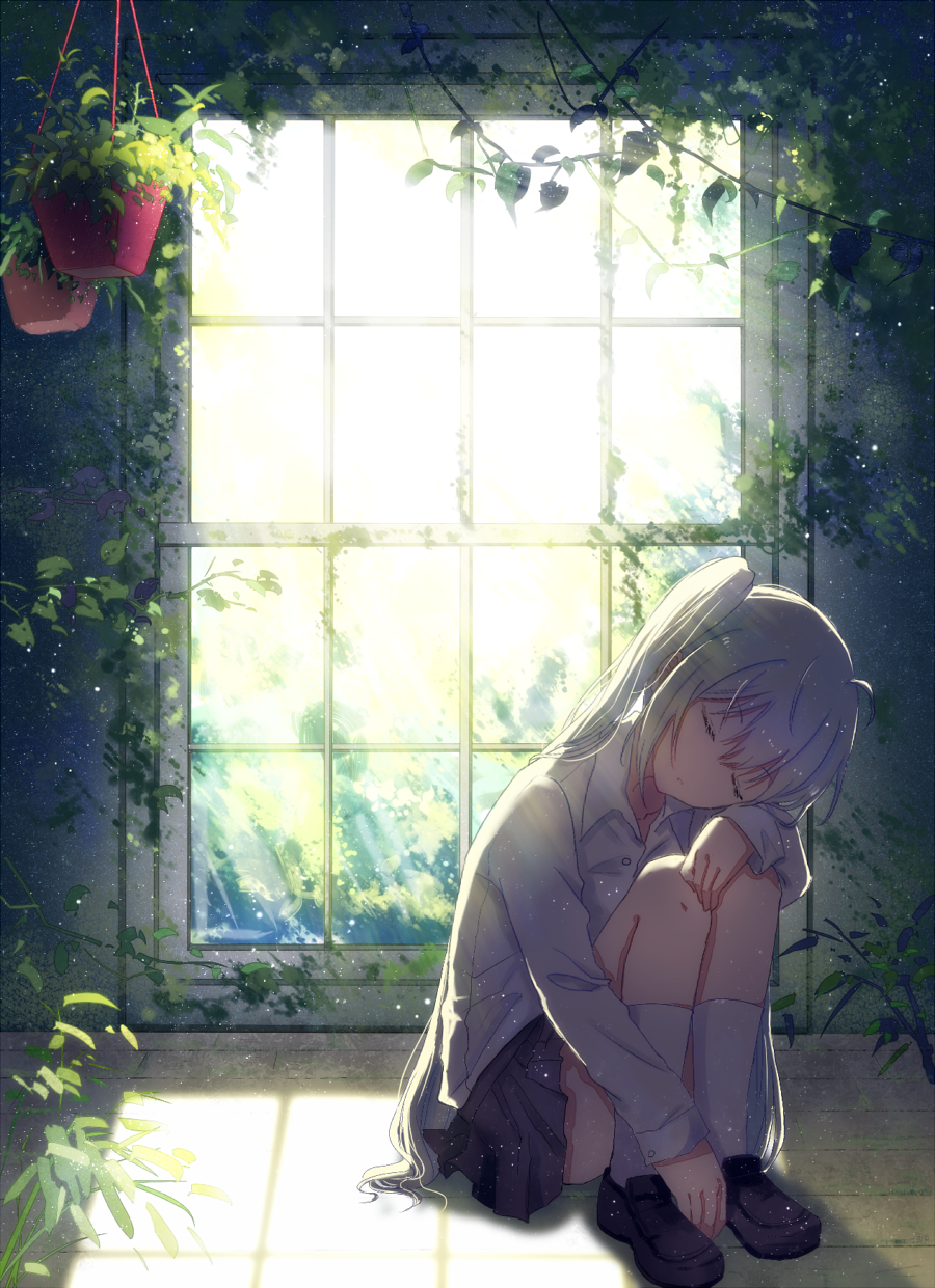 1girl, aqua_eyes, aqua_hair, closed_eyes, female_focus, hanging_plant, hatsune_miku, highres