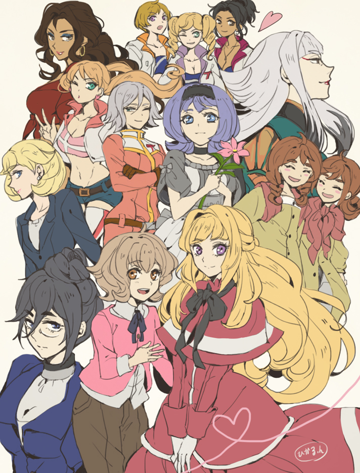 6+girls, ahoge, almiria_bauduin, amida_arca, atra_mixta, azee_gurumin, bad_id, bad_pixiv_id, bilt_turbine, black_hair, blonde_hair, blue_eyes, brown_hair, carta_issue, chloe_turbine, cookie_griffon, cracker_griffon, dark-skinned_female, dark_skin, dress, earrings, eco_turbine, flower, fumitan_admoss, glasses, green_eyes, grey_hair, gundam, gundam_tekketsu_no_orphans, hairband, hara_hikaru, heart, heart_of_string, jewelry, kudelia_aina_bernstein, lafter_frankland, long_hair, long_sleeves, merribit_stapleton, multiple_girls, ponytail, purple_eyes, purple_hair, red_eyes, short_hair, siblings, sisters, smile, thick_eyebrows, twins, twintails, very_long_hair