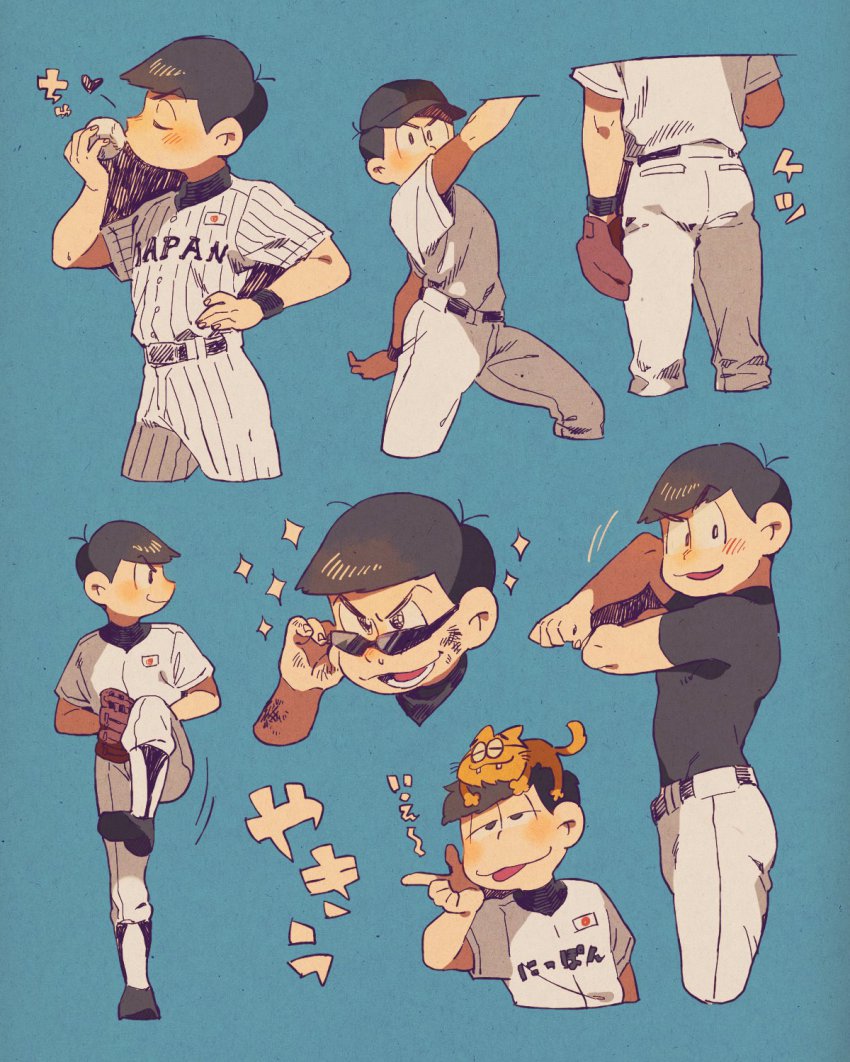 10s, 2boys, baseball, baseball_glove, baseball_uniform, black_hair, blue_background, brothers, cat, cleats, esper_nyanko, multiple_expressions, highres, katupuraamen, kiss, male_focus, matsuno_ichimatsu, matsuno_karamatsu, multiple_boys, osomatsu-kun, osomatsu-san, osomatsu_(series), pitching, siblings, simple_background, sparkle, sportswear, sunglasses