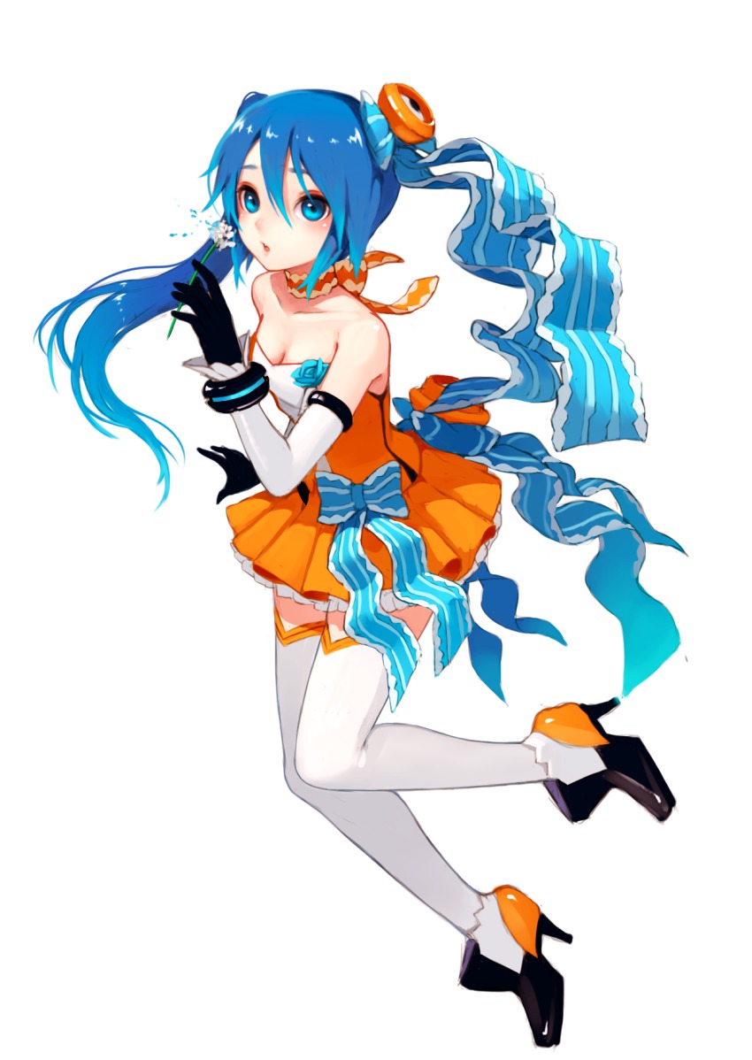 1girl, alternate_hair_color, ankle_boots, bare_shoulders, black_footwear, black_gloves, blowing, blue_eyes, blue_hair, boots, breasts, cleavage, detached_sleeves, dress, female_focus, fkey, flower, full_body, gloves, hatsune_miku, hatsune_miku_(orange_blossom), high_heel_boots, high_heels, highres, long_hair, looking_at_viewer, matching_hair/eyes, open_mouth, orange_dress, project_diva, project_diva_(series), project_diva_f_2nd, shoes, short_dress, side_ponytail, simple_background, skirt, solo, strapless, strapless_dress, thighhighs, vocaloid, white_background, white_thighhighs