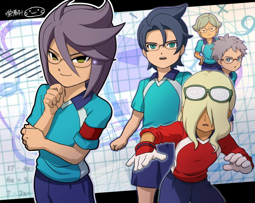 5boys, bad_id, bad_pixiv_id, blonde_hair, eito_gakuen, eyewear_on_head, frown, gloves, goalkeeper, green_eyes, hair_over_eyes, inazuma_eleven_(series), inazuma_eleven_go, kageura_touji, kakizaki_hagumi, long_hair, mizuhara_aki, multiple_boys, no_pupils, open_mouth, saewatari_yuuichirou, soccer_uniform, sportswear, yomiya_satoshi, yukiji_keiichi